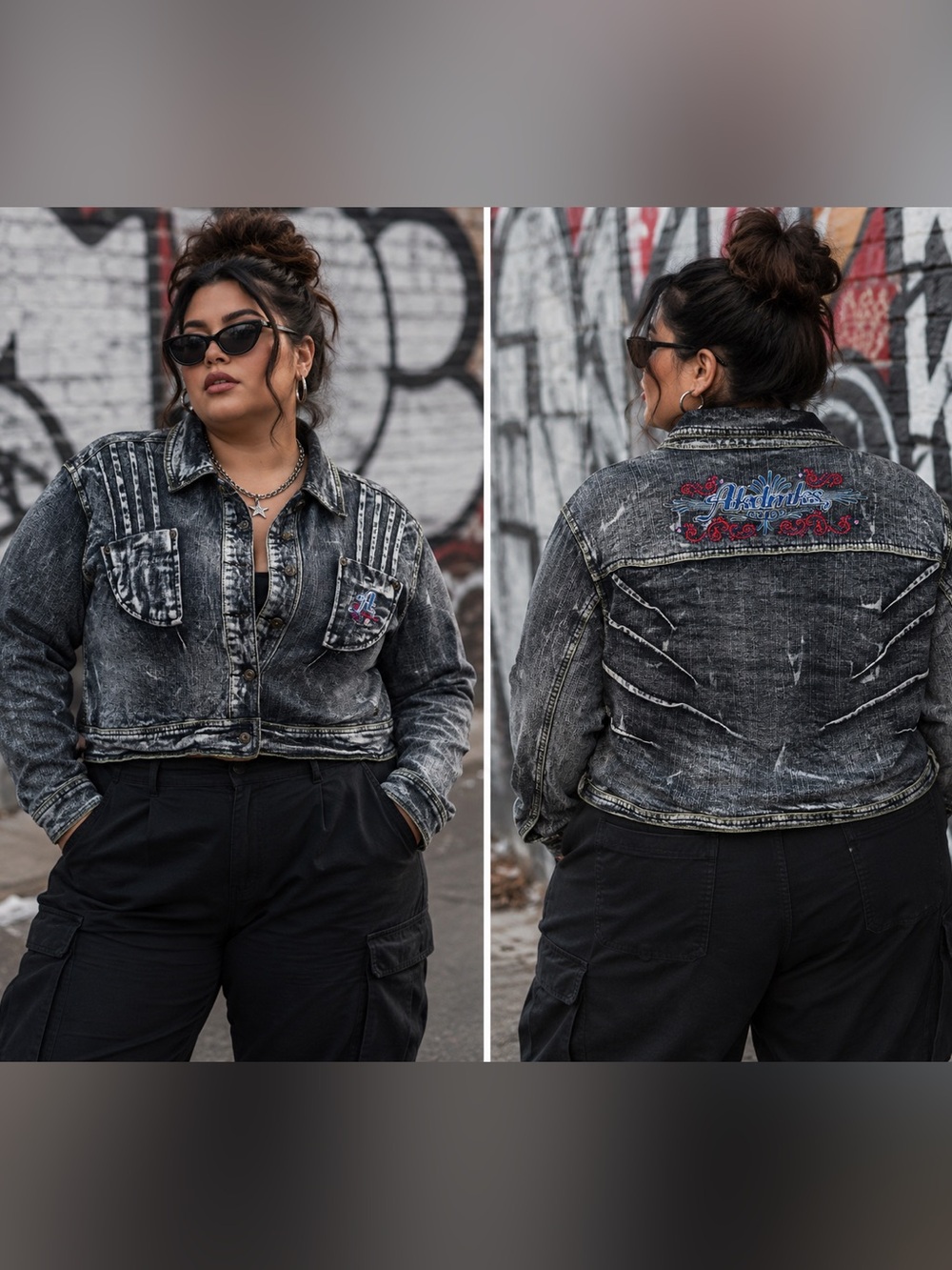Y2K Akdmks Acid Wash Cropped Denim Jean Jacket Embroidered 3XL Edgy Streetwear